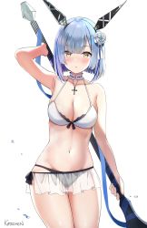 Rule 34 | 1girl, artist name, azur lane, bikini, black bikini, blue hair, blush, breasts, choker, cleavage, collarbone, cowboy shot, cross, cross necklace, feet out of frame, flower, frilled choker, frills, gascogne (azur lane), gascogne (tropical environs acclimation service equipment) (azur lane), gascogne (tropical environs acclimation service equipment) (azur lane), gluteal fold, hair flower, hair ornament, headgear, highres, holding, holding weapon, jewelry, kaetzchen, looking at viewer, medium breasts, microskirt, mismatched bikini, multicolored hair, navel, necklace, parted lips, polearm, see-through, short hair, skirt, solo, streaked hair, swimsuit, water drop, weapon, white background, white bikini