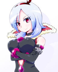 Rule 34 | 00s, 1girl, black gloves, black neckwear, blue hair, breasts, choker, covered erect nipples, crossed arms, eas (fresh precure!), elbow gloves, fresh precure!, gloves, hairband, higashi setsuna, large breasts, looking at viewer, pink eyes, precure, ryuuta (cure ryuuta), simple background, smile, solo, white background