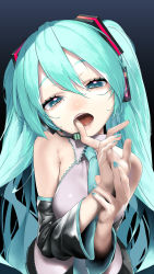 Rule 34 | 1girl, absurdres, aqua hair, aqua nails, aqua necktie, bad id, bad pixiv id, black background, black sleeves, blue eyes, collared shirt, detached sleeves, finger in own mouth, gradient background, grey shirt, half-closed eyes, hands up, hatsune miku, highres, long hair, microphone, nail polish, necktie, open mouth, rsk (tbhono), shadow, shirt, sleeveless, sleeveless shirt, solo, upper body, very long hair, vocaloid