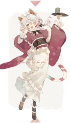 Rule 34 | 1girl, ;d, animal ears, apron, artist name, bacheally, border, bow, braid, cat ears, cat tail, claw pose, corset, cup, frilled skirt, frills, full body, grey hair, hands up, highres, holding, holding tray, japanese clothes, kimono, leaning back, letterboxed, long skirt, long sleeves, looking at viewer, maid, maid headdress, multicolored hair, new year, obi, one eye closed, open mouth, original, paw pose, red hair, sash, signature, simple background, skirt, smile, solo, standing, standing on one leg, sway back, tail, tray, triangle, wa maid, white background, white border, white hair, wide sleeves, yellow eyes