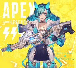 Rule 34 | 1girl, alternate costume, animification, apex legends, bodysuit, breasts, character name, choker, closed mouth, collarbone, commentary request, copyright name, cowboy shot, cyber punked wattson, cyberpunk, eyelashes, eyepatch, facial tattoo, green eyes, green hair, gun, helmet, highres, holding, holding weapon, hood, hood down, hooded jacket, horns, jacket, lipstick, long sleeves, looking at viewer, makeup, mascara, mizutama (mao11260510), oni horns, purple lips, rifle, short hair, silver hair, sniper rifle, solo, standing, tattoo, trigger discipline, twitter username, wattson (apex legends), weapon, yellow background
