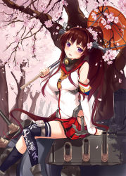 Rule 34 | 10s, 1girl, black thighhighs, blush, breasts, brown hair, cherry blossoms, detached sleeves, headgear, highres, holding, kantai collection, long hair, looking at viewer, machinery, open mouth, outdoors, personification, petals, pleated skirt, ponytail, purple eyes, shirt, sitting, skirt, sleeves past wrists, solo, thighhighs, tree, very long hair, yaguo, yamato (kancolle)