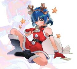 Rule 34 | 1girl, alternate costume, animal ears, antlers, asymmetrical bangs, bare shoulders, black choker, black footwear, blue hair, blush, bocchi the rock!, boots, choker, commentary request, deer ears, dress, fake animal ears, full body, fur-trimmed dress, fur-trimmed gloves, fur trim, gloves, hair ornament, hairclip, highres, holding, holding money, horns, knee up, looking at viewer, money, red dress, red gloves, reindeer antlers, sack, santa costume, short hair, simple background, sitting, sleeveless, sleeveless dress, smile, sofa (enogunomu), solo, star (symbol), white background, yamada ryo, yellow eyes, zoom layer