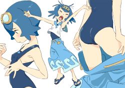 Rule 34 | 1girl, armpits, arms up, ass, baggy pants, blue eyes, blue hair, breast conscious, breasts, closed eyes, clothes pull, creatures (company), feet, from side, full body, game freak, goggles, goggles on head, hair ornament, kibidangopack, lana (pokemon), multiple views, nintendo, one-piece swimsuit, one-piece swimsuit pull, open mouth, pants, pokemon, pokemon sm, shirt, short hair, simple background, sleeveless, sleeveless shirt, slippers, small breasts, solo focus, swimsuit, trial captain, white background, yawning