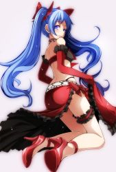 Rule 34 | 1girl, absurdres, black bra, black panties, blue eyes, blue hair, bow, bra, elbow gloves, floating hair, frilled skirt, frills, full body, gloves, grey background, hair bow, hatsune miku, high heels, highleg, highleg panties, highres, kneehighs, long hair, looking at viewer, looking back, panties, project diva (series), project diva x, pumps, red bow, red footwear, red gloves, red skirt, shoe soles, simple background, skirt, smile, socks, solo, thigh strap, tsukishiro saika, twintails, underwear, very long hair, vocaloid