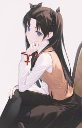 Rule 34 | 1girl, beige vest, black hair, black ribbon, black skirt, black thighhighs, blue eyes, blush, breasts, brown hair, crossed legs, fate/stay night, fate (series), hair ribbon, hiera12, long hair, long sleeves, looking at viewer, parted bangs, ribbon, shirt, sitting, skirt, small breasts, solo, thighhighs, tohsaka rin, two side up, white shirt
