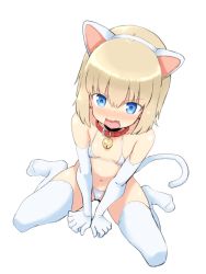 Rule 34 | 10s, 1girl, animal ears, bikini, blonde hair, blue eyes, blush, breasts, cat ears, cat tail, embarrassed, fake animal ears, fang, flat chest, full body, girls und panzer, highres, ishioto, katyusha (girls und panzer), micro bikini, navel, neck bell, open mouth, simple background, sitting, small breasts, solo, swimsuit, tail, thighhighs, wariza, wavy mouth, white background, white thighhighs