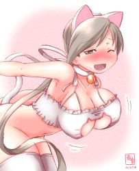 Rule 34 | 1girl, animal ears, bell, neck bell, blush, breasts, cat ears, cat lingerie, chitose (kancolle), collar, grey eyes, grey hair, hair ribbon, highres, implied sex, kanon (kurogane knights), kantai collection, large breasts, long hair, meme attire, no panties, pink background, ribbon, signature, smile, tears, white legwear