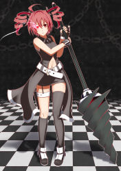 Rule 34 | 1girl, ahoge, astn, asuto3, asymmetrical clothes, belt, black rock shooter, black rock shooter (character), black rock shooter (cosplay), chain, checkered floor, cosplay, detached sleeves, drill, drill hair, gloves, glowing, glowing eyes, highres, kasane teto, navel, pencil skirt, perspective, polearm, red eyes, red hair, skirt, solo, spear, thighhighs, twin drills, twintails, utau, vocaloid, weapon