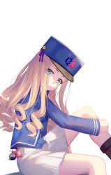 Rule 34 | 1girl, absurdres, aoi (buzhuen444), bc freedom military uniform, blonde hair, blue eyes, drill hair, from side, girls und panzer, hat, highres, long hair, looking at viewer, military hat, sitting, skirt, smile, sofue (girls und panzer), solo, white background