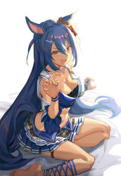 Rule 34 | 1girl, animal ears, blue hair, breasts, claw pose, cleavage, clothing cutout, cross-laced clothes, cross-laced legwear, ear ornament, ecien, highres, hishi amazon (umamusume), horse ears, horse girl, horse tail, kneeling, large breasts, long hair, looking at viewer, midriff, navel, on bed, open mouth, pleated skirt, shoulder cutout, simple background, skirt, tail, thigh strap, umamusume, very long hair, white background