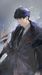 Rule 34 | 1boy, absurdres, arm at side, aura, black cape, black hair, black necktie, blue hair, breast pocket, cape, character request, closed mouth, collared shirt, dust, formal, fur-trimmed cape, fur trim, grey background, grey jacket, half-closed eyes, hand up, handkerchief, highres, jacket, kkia, light and night love, light smile, long sleeves, looking at hand, looking away, looking down, male focus, necktie, partially unbuttoned, pocket, profile, purple eyes, shards, shirt, short hair, solo, suit, upper body, white shirt