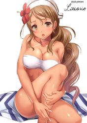 Rule 34 | 10s, 1girl, :o, alternate costume, artist name, bandeau, bare back, bare legs, bikini, blush, breasts, brown eyes, brown hair, collarbone, fingernails, flower, hair flower, hair ornament, hat, kantai collection, knees up, large breasts, littorio (kancolle), long hair, looking at viewer, open mouth, sakiyamama, shiny skin, signature, simple background, skindentation, solo, swimsuit, tan, tanline, twitter username, white background, white bikini