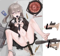 Rule 34 | 1girl, absurdres, acog, aftersex, bag, barefoot, black necktie, bottomless, bound, bound wrists, breasts, brown jacket, bullet, cervix, commentary, condom, cross-section, crossed bangs, cum, dated, feet, girls&#039; frontline, grey hair, headphones, highres, jacket, low ponytail, lying, m200 (girls&#039; frontline), messy hair, miniskirt, multiple penises, necktie, nipples, object insertion, on back, panties, panties around leg, penis, purple eyes, pussy, pussy juice, pussy juice puddle, sawkm, scope, shirt, signature, skirt, small breasts, soles, solo, spread legs, tearing up, tears, toes, underwear, used condom, vaginal, vaginal object insertion, what, white shirt, zoom layer