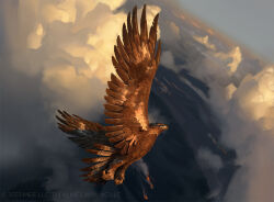 Rule 34 | above clouds, animal focus, axelsauerwald, beak, bird, blue sky, brown eagle, cloud, cloudy sky, copyright notice, day, dutch angle, eagle, feathered wings, flying, magic: the gathering, midair, official art, outdoors, painterly, sky, volcano, wings