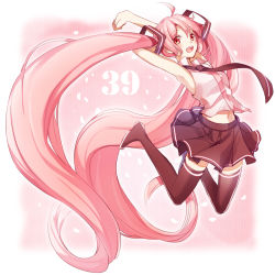 Rule 34 | 1girl, 39, absurdly long hair, armpits, arms up, black footwear, boots, full body, hatsune miku, juugonichi (wheeliex2), long hair, navel, necktie, open mouth, pink hair, red eyes, sakura miku, skirt, solo, thigh boots, thighhighs, twintails, very long hair, vocaloid