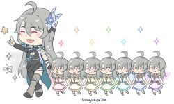 Rule 34 | ahoge, chibi, child, closed eyes, closed mouth, commentary, dress, english commentary, furrowed brow, holding hands, honkai (series), honkai impact 3rd, long hair, long sleeves, medium hair, multiple girls, one eye closed, open mouth, peacock feathers, red eyes, simple background, smile, sunnyvaiprion, teeth, upper teeth only, v-shaped eyebrows, vita (honkai impact), vita (young) (honkai impact), white dress