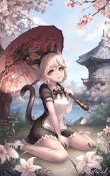 Rule 34 | 1girl, absurdres, animal ears, apron, architecture, bad id, bad pixiv id, black dress, black necktie, blade &amp; soul, cat ears, cat girl, cat tail, cherry blossoms, cloud, commission, day, dress, east asian architecture, flower, frilled skirt, frills, hairband, highres, kie (wylee2212), korean commentary, lace-trimmed apron, lace trim, lips, looking at viewer, lyn (blade &amp; soul), maid apron, maid headdress, necktie, outdoors, parasol, pond, red eyes, short hair, short sleeves, sitting, skirt, sky, smile, solo, tail, thighs, tree, umbrella, wariza, white hair, wing collar