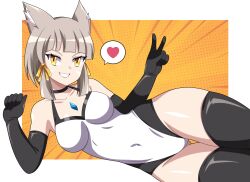Rule 34 | 1girl, absurdres, abysswatchers, animal ears, bare shoulders, black gloves, black thighhighs, border, bow, breasts, cat ears, cat girl, cleavage, collarbone, commentary, core crystal (xenoblade), covered navel, curvy, elbow gloves, emphasis lines, english commentary, gloves, grey hair, grin, hair bow, heart, highres, looking at viewer, lying, medium breasts, nia (xenoblade), on side, one-piece swimsuit, orange background, polka dot, polka dot background, short hair, smile, solo, spoken heart, swimsuit, teeth, thighhighs, tsurime, v, white border, white one-piece swimsuit, wide hips, xenoblade chronicles (series), xenoblade chronicles 2, yellow bow, yellow eyes