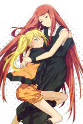 Rule 34 | 2girls, age difference, apron, black jacket, black shirt, blonde hair, blue eyes, boots, breasts, closed mouth, dress, eye contact, facial mark, facing another, family, floating hair, genderswap, genderswap (mtf), hair ornament, hairclip, half-closed eyes, happy, holding, hug, jacket, long hair, long sleeves, looking at another, looking down, looking up, mature female, md5 mismatch, medium breasts, mimana, mother and daughter, multicolored clothes, multicolored jacket, multiple girls, naruko (naruto), naruto, naruto (series), naruto shippuuden, open clothes, open jacket, orange jacket, orange shorts, parted lips, red hair, shirt, shorts, smile, standing, toeless footwear, twintails, uzumaki kushina, uzumaki naruto, very long hair, whisker markings, whiskers