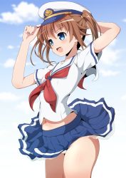 Rule 34 | 1girl, :d, bare legs, blue eyes, blue skirt, blue sky, breasts, brown hair, cleft of venus, cloud, commentary request, covered erect nipples, day, gradient background, hair ornament, hairclip, hat, high school fleet, highres, military hat, misaki akeno, navel, open mouth, panties, pantyshot, pleated skirt, pussy, ribbon, sailor collar, school uniform, see-through, shirt, short sleeves, skirt, sky, small breasts, smile, solo, standing, twintails, underwear, uniform, white panties, white shirt, wind, wind lift, xiao rui rui
