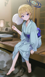 Rule 34 | 1girl, absurdres, alternate costume, barefoot, blonde hair, blue archive, blue eyes, blue hair, blue halo, blue kimono, braid, closed mouth, ggoong (pooplambgoong22), halo, hand fan, hashtag-only commentary, highres, holding, holding fan, japanese clothes, kimono, long sleeves, looking at viewer, multicolored hair, obi, paper fan, sash, short hair, sitting, solo, streaked hair, toes, toki (blue archive), uchiwa, veranda, wide sleeves