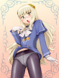 Rule 34 | 1girl, blonde hair, blush, capcom, capcom fighting jam, cosplay, crotch seam, glasses, gloves, hairpods, ingrid (capcom), ingrid (cosplay), long hair, open mouth, panties, panties under pantyhose, pantyhose, perrine h. clostermann, solo, street fighter, strike witches, ueyama michirou, underwear, very long hair, white panties, world witches series, yellow eyes