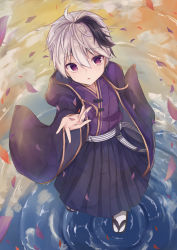 Rule 34 | 1girl, absurdres, alternate costume, arm up, belt, cloud, falling leaves, flower (vocaloid), flower (vocaloid4), foreshortening, from above, highres, hood, hooded jacket, jacket, japanese clothes, kimono, leaf, long skirt, looking at viewer, looking up, multicolored hair, noneon319, outstretched arm, parted lips, pleated skirt, purple eyes, purple hair, purple jacket, purple kimono, purple skirt, reflection, ripples, skirt, solo, standing, standing on liquid, streaked hair, tabi, vocaloid, white hair
