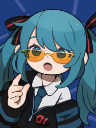 Rule 34 | 1girl, :o, alternate costume, black jacket, black ribbon, blue background, blue eyes, blue hair, collared shirt, commentary, dutch angle, english commentary, glasses, hair ribbon, hand up, hatsune miku, highres, jacket, long hair, long sleeves, looking at viewer, off shoulder, open mouth, orange-tinted eyewear, partially unzipped, red ribbon, ribbon, shirt, signature, solo, tinted eyewear, twintails, two-tone ribbon, upper body, vocaloid, white shirt, yukino super