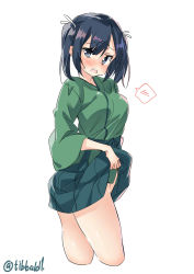 Rule 34 | 1girl, black eyes, black hair, blue skirt, blush, breasts, clothes lift, cowboy shot, cropped legs, ebifurya, from side, hair between eyes, hair ribbon, highres, kantai collection, lifted by self, looking at viewer, medium breasts, no panties, open mouth, pleated skirt, ribbon, simple background, skirt, skirt lift, solo, souryuu (kancolle), spoken blush, sweat, twintails, twitter username, white background, white ribbon