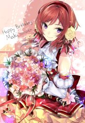 Rule 34 | 10s, 1girl, absurdres, bare shoulders, bouquet, ascot, dated, detached sleeves, flower, hair flower, hair ornament, hair ribbon, hairband, happy birthday, hario 4, highres, holding, holding bouquet, looking at viewer, love live!, love live! school idol festival, love live! school idol project, nishikino maki, purple eyes, red hair, ribbon, skirt, smile, solo