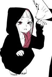 Rule 34 | 1boy, 1girl, barefoot, feet, flat chest, highres, hood, hood up, monochrome, original, out of frame, pink eyes, short hair, simple background, solo focus, spot color, squatting, toes, unthuku