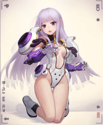 Rule 34 | 1girl, ankle boots, armor, bare shoulders, beige background, black socks, blunt bangs, boots, breasts, center opening, chunrijun (springer), commentary request, covered erect nipples, eyelashes, floating hair, full body, gauntlets, gluteal fold, groin, guangfu bao tong meng0-0, hair flaps, hands up, highleg, highleg leotard, highres, hip focus, kneeling, knees together feet apart, leotard, light purple hair, long hair, looking at viewer, medium breasts, open mouth, original, pauldrons, purple eyes, purple hair, recording, ribbed leotard, shadow, shoes, shoulder armor, sidelocks, smile, socks, solo, straight hair, thigh gap, thighhighs, turtleneck, viewfinder, white footwear, white leotard