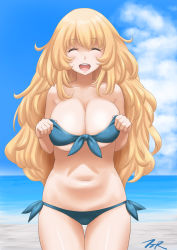 Rule 34 | 1girl, artist name, atago (kancolle), beach, bikini, blonde hair, blue bikini, blue sky, breasts, character name, cleavage, cloud, collarbone, commentary request, cowboy shot, day, closed eyes, facing viewer, front-tie top, highres, horizon, kantai collection, large breasts, long hair, navel, ocean, open mouth, outdoors, revision, side-tie bikini bottom, sky, smile, solo, swimsuit, t2r, thigh gap