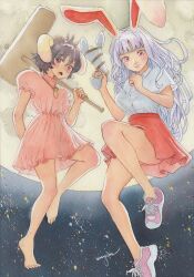 Rule 34 | 2girls, animal ears, arm behind back, bare legs, barefoot, black hair, blunt bangs, breasts, carrot necklace, closed mouth, commentary request, cowlick, d:, dress, eyebrows hidden by hair, floppy ears, frills, from below, full moon, grey hair, gun, highres, holding, holding gun, holding mallet, holding weapon, huge moon, inaba tewi, jewelry, kine, leg up, lunatic gun, mallet, medium breasts, moon, multiple girls, necklace, night, night sky, nose, open mouth, painting (medium), pink dress, puffy short sleeves, puffy sleeves, rabbit ears, rabbit tail, red skirt, reisen udongein inaba, shirt, shoes, short hair, short sleeves, skirt, sky, sneakers, tail, toes, touhou, traditional media, tsukimi, uryan!, watercolor (medium), weapon, white shirt, wing collar