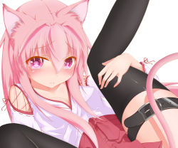 Rule 34 | 1girl, animal ears, bad id, bad pixiv id, blush, breasts, cat ears, cat tail, cleavage, highres, japanese clothes, leg lift, miko, neguse2525, original, out-of-frame censoring, pink eyes, pink hair, sitting, skirt, solo, spread legs, tail, thigh strap, thighhighs