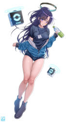 Rule 34 | 1girl, black buruma, black shirt, blue archive, blue buruma, blue jacket, blush, bottle, buruma, drone, full body, gym shirt, gym uniform, halo, highres, id card, jacket, jacket partially removed, looking at viewer, official alternate costume, pairan, partially unzipped, shirt, simple background, solo, star sticker, sticker, sticker on face, track jacket, water bottle, yuuka (blue archive), yuuka (track) (blue archive)