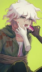 Rule 34 | 1boy, 1girl, aji kosugi, brown pants, coat, collarbone, cupcake, danganronpa (series), danganronpa 2: goodbye despair, disembodied hand, enoshima junko, feeding, food, food on face, green background, green coat, grey hair, hair between eyes, highres, holding, holding food, komaeda nagito, male focus, messy hair, nail polish, open clothes, open coat, open mouth, pants, red nails, restrained, rope, shirt, solo focus, symbol-only commentary, white shirt