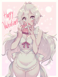 Rule 34 | 1girl, apron, blue eyes, blush, box, breasts, cleavage, collarbone, gift, happy valentine, heart-shaped box, holding, holding gift, large breasts, long hair, looking at viewer, parororo, solo, starline, valentine, very long hair, white apron, white hair