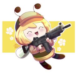 Rule 34 | 1girl, arthropod girl, artist name, assault rifle, bee costume, bee girl, bee wings, blonde hair, chibi, closed eyes, deerstalker, dress, facing viewer, full body, gun, hat, highres, holding, holding gun, holding weapon, hollowmate, hololive, hololive english, insect girl, long sleeves, open mouth, rifle, short hair, smile, smol ame, solo, virtual youtuber, watson amelia, weapon, white background, yellow background, yellow dress