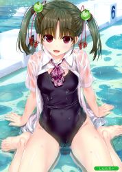 Rule 34 | 1girl, absurdres, barefoot, blouse, blush, brown hair, collared shirt, diving block, food-themed hair ornament, hair ornament, highres, looking at viewer, melon hair ornament, melonbooks, open clothes, open mouth, open shirt, original, partially unbuttoned, pink eyes, pool, shintarou, shirt, short sleeves, sitting, solo, swimsuit, swimsuit under clothes, twintails, wariza, water, wet, wet clothes, wet shirt, white shirt