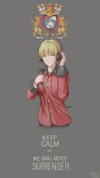 Rule 34 | 1girl, absurdres, blonde hair, blue eyes, blush, braid, cropped legs, darjeeling (girls und panzer), emblem, french braid, girls und panzer, grey background, hand on headphones, headphones, highres, keep calm and carry on, looking at viewer, microphone, solo, st. gloriana&#039;s (emblem), st. gloriana&#039;s military uniform, uniform, useless (gss44344)
