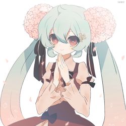 Rule 34 | 10s, 1girl, 2014, bad id, bad pixiv id, brown eyes, dated, flower, green hair, hair flower, hair ornament, hair ribbon, hatsune miku, long hair, ribbon, simple background, solo, twintails, vocaloid, white background, yanafle
