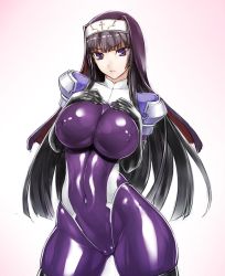 Rule 34 | 1girl, blush, bodysuit, boots, breasts, covered erect nipples, covered navel, elbow gloves, female focus, gloves, gradient background, habit, hands on own chest, kamori sayaka, large breasts, latex, latex gloves, latex suit, long hair, nun, original, purple bodysuit, purple eyes, purple hair, rindou (radical dream), shiny clothes, skin tight, solo, thigh boots, thighhighs
