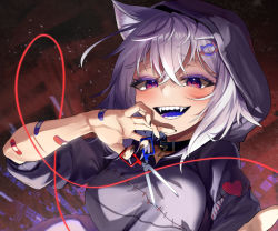 Rule 34 | 1girl, artist request, bandaid, fangs, heart, heart-shaped pupils, highres, hololive, jewelry, necklace, nekomata okayu, open mouth, patched, patchwork clothes, red eyes, scissors, smile, source request, stiches, stitches, symbol-shaped pupils, thread, virtual youtuber, zombie