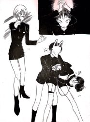 Rule 34 | aiming, aiming at viewer, ankle boots, arm around shoulder, black footwear, black hair, black jacket, black shorts, blush, boots, buttons, collared shirt, feet out of frame, fox mask, full body, gakuran, greyscale, hand up, hara kiri, heart, holding, holding knife, holding leash, jacket, kneehighs, knife, leaning forward, leaning on person, leash, legs, looking at another, looking at viewer, male focus, mask, monochrome, multiple boys, multiple views, original, parted bangs, parted lips, school uniform, shirt, short hair, shorts, simple background, skinny, socks, spoken heart, standing, thigh strap, yaoi