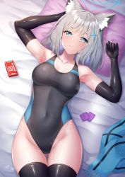 Rule 34 | 1girl, animal ear fluff, animal ears, armpits, arms up, bed sheet, black gloves, black one-piece swimsuit, black thighhighs, blue archive, blue eyes, blue scarf, breasts, closed mouth, collarbone, competition swimsuit, condom, condom box, condom wrapper, covered navel, cross hair ornament, elbow gloves, gloves, gluteal fold, grey hair, groin, hair ornament, halo, highres, looking at viewer, lying, medium breasts, medium hair, mismatched pupils, okamoto condoms, on back, one-piece swimsuit, pillow, scarf, unworn scarf, shiroko (blue archive), shiroko (swimsuit) (blue archive), solo, swimsuit, thighhighs, wolf ears, yuunagi (0217)