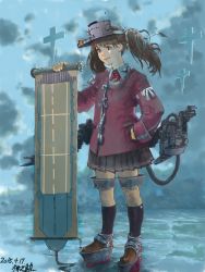 Rule 34 | 10s, 1girl, 2015, artist name, black socks, black skirt, brown eyes, brown hair, closed mouth, cloud, dated, day, flight deck, full body, hand on own hip, highres, holding, kantai collection, kneehighs, long sleeves, machinery, outdoors, platform footwear, pleated skirt, ryuujou (kancolle), shikigami, skirt, sky, smile, socks, solo, standing, twintails, visor cap, zennosuke