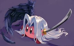 Rule 34 | absurdres, black wings, blush stickers, commentary, copy ability, cosplay, deleca7755, feathers, final fantasy, final fantasy vii, grey hair, highres, holding, holding sword, holding weapon, kirby, kirby (series), looking at viewer, masamune (ff7), nintendo, purple background, sephiroth, sephiroth (cosplay), single wing, solid oval eyes, solo, super smash bros., sword, weapon, wings