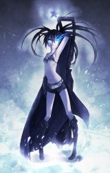 Rule 34 | 10s, 1girl, absurdres, armpits, arms up, belt, bikini, bikini top only, black hair, black rock shooter, black rock shooter (character), blue eyes, boots, breasts, cannon, coat, front-tie top, glowing, glowing eye, glowing eyes, highres, long hair, looking at viewer, midriff, navel, pigeon-toed, scar, short shorts, shorts, skinny, slender, solo, star (symbol), swimsuit, takka9294, takka (aegis9294), tears, twintails, underboob, weapon